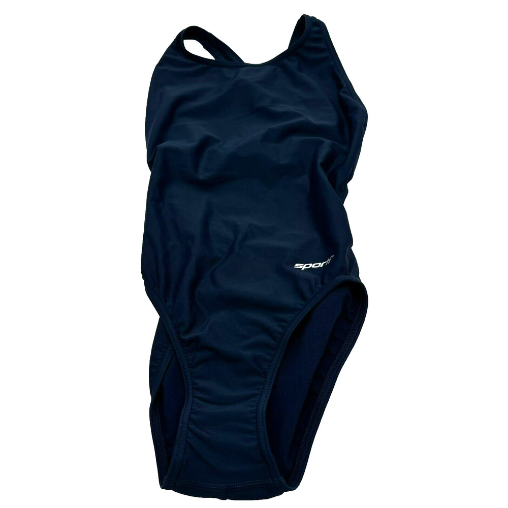 SPORTI NWT Size 28 Navy Blue Solid Wide Strap One Piece Swimsuit Competitive - Picture 2 of 9